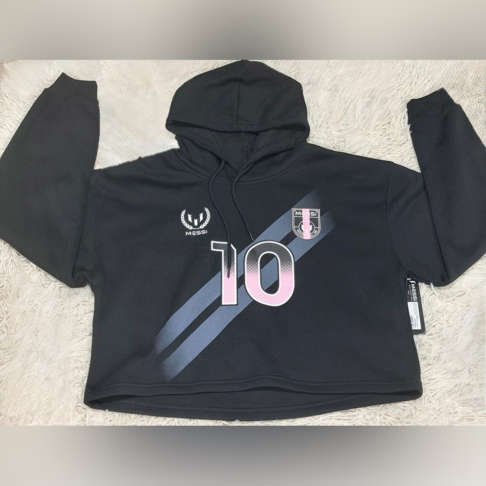 Messi #10 Black Cropped Hoodie with Pink Accents